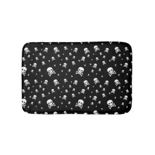 Littles White Pirates Skulls on Black Background Bath Mat
