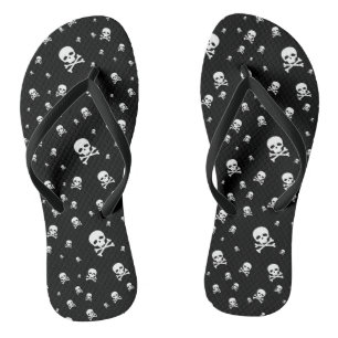 Littles White Pirates Skulls on Black Background Jandals