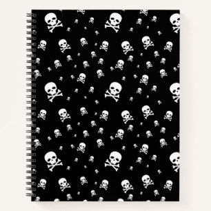 Littles White Pirates Skulls on Black Background Notebook