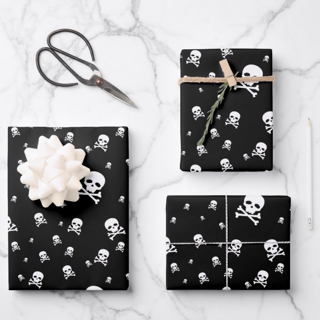 Littles White Pirates Skulls on Black Background Wrapping Paper Sheet (Front)