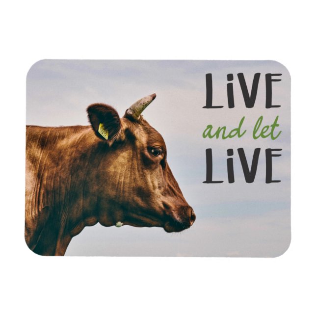 Live and let live with brown cow portrait vegan magnet (Horizontal)