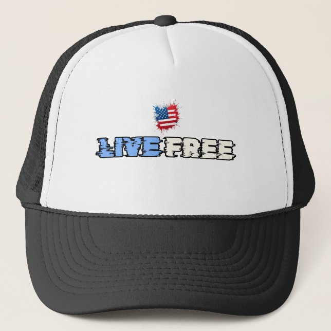 Live Free American Flag Distressed Style Trucker Hat (Front)