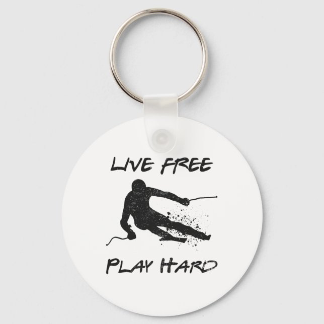 Live Free Play Hard Funny Skiing Lover Quote Skier Key Ring (Front)