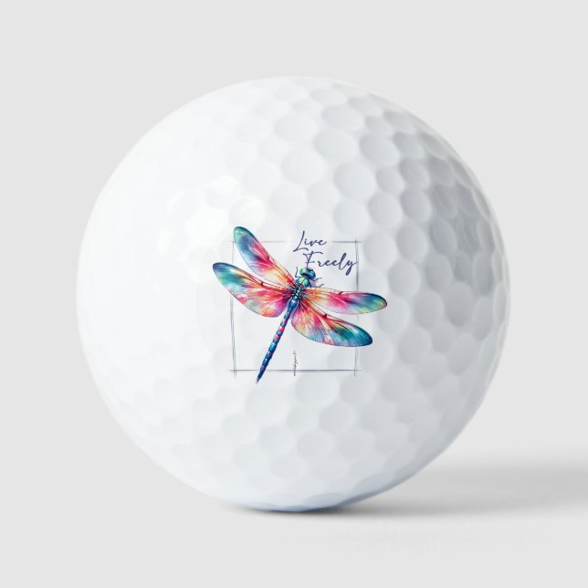 Live Freely - Dragonfly Colourful Inspirational Golf Balls (Front)