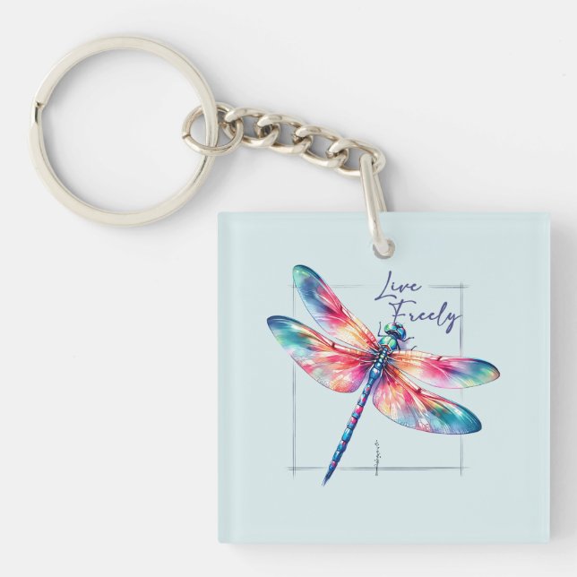Live Freely - Dragonfly Colourful Inspirational Key Ring (Front)
