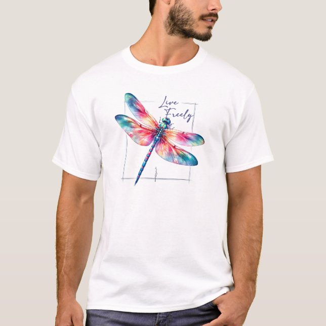 Live Freely - Dragonfly Colourful Inspirational T-Shirt (Front)
