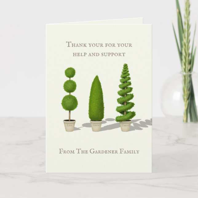 "Live Grow Thrive" Customisable Cypress Topiary Thank You Card (Front)