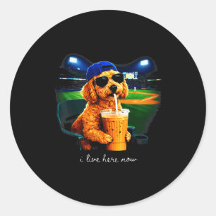 Live here goldendoodle funny dog baseball fan meme classic round sticker