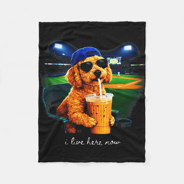 Live here goldendoodle funny dog baseball fan meme fleece blanket (Front)