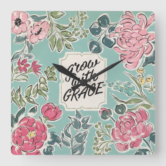 Live in Bloom | Grow With Grace Square Wall Clock (Front)