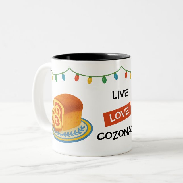 Live Laugh Cozonac Romanian String lights Two-Tone Coffee Mug (Front Left)