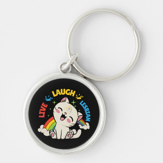 Live Laugh Lesbian Flag Rainbow Cat Pride Month Ki Key Ring (Front)