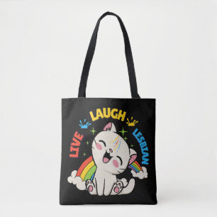 Live Laugh Lesbian Flag Rainbow Cat Pride Month Ki Tote Bag