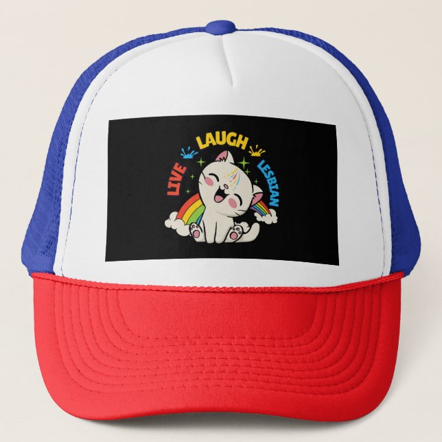 Live Laugh Lesbian Flag Rainbow Cat Pride Month Ki Trucker Hat (Front)