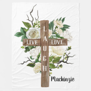 Live Laugh Love Cross and Roses Fleece Blanket