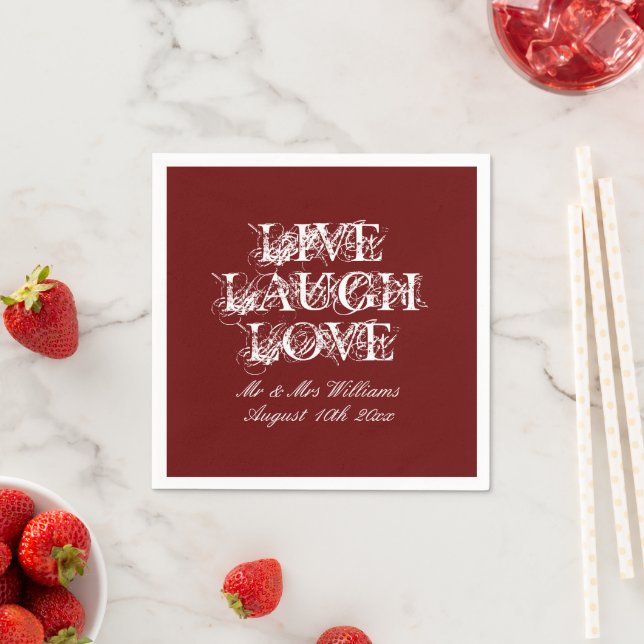 Live Laugh Love dark red wedding party napkins (Insitu)