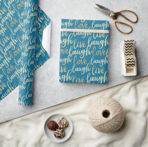 Live Laugh Love Faux Gold Lettering Blue Wrapping Paper
