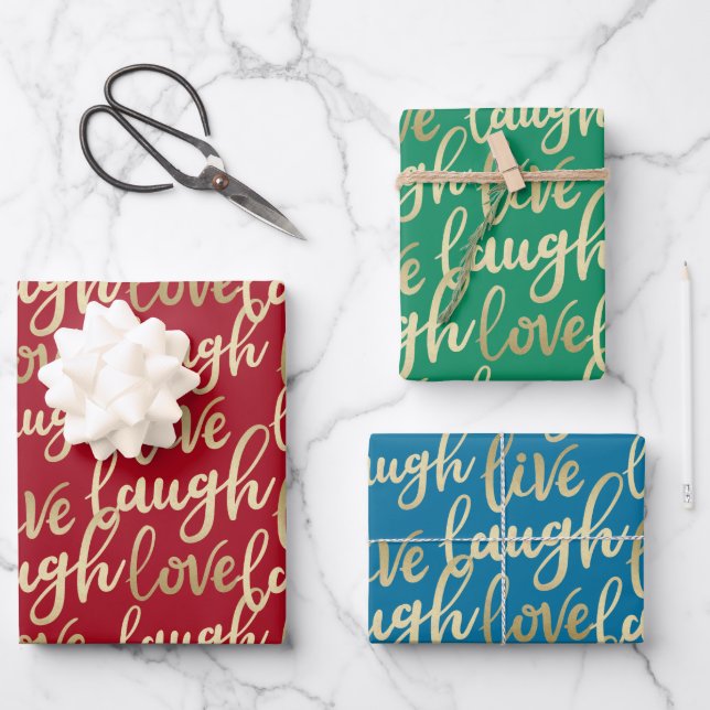 Live Laugh Love Faux Gold Lettering Pattern Wrapping Paper Sheet (Front)