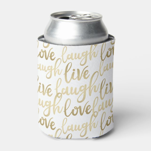 Live Laugh Love Faux Gold Lettering White Can Cooler (Can Front)