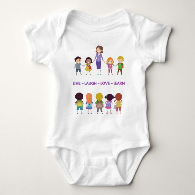 Live Laugh Love Learn School Teacher Baby Shower Bodysuit (Front)