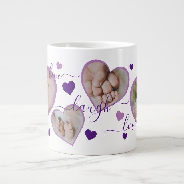 Live Laugh Love Photo Hearts Purple Large Coffee Mug (Front)