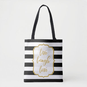 Live Laugh Love Quote Gold Glitter BW Stripes Tote Bag
