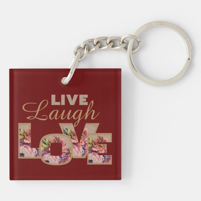 Live, Laugh, Love Rustic Floral on Burgundy Key Ring (Back)