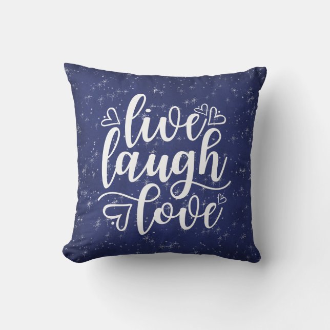 Live Laugh Love Saying Navy Blue Night Silver Cushion (Front)