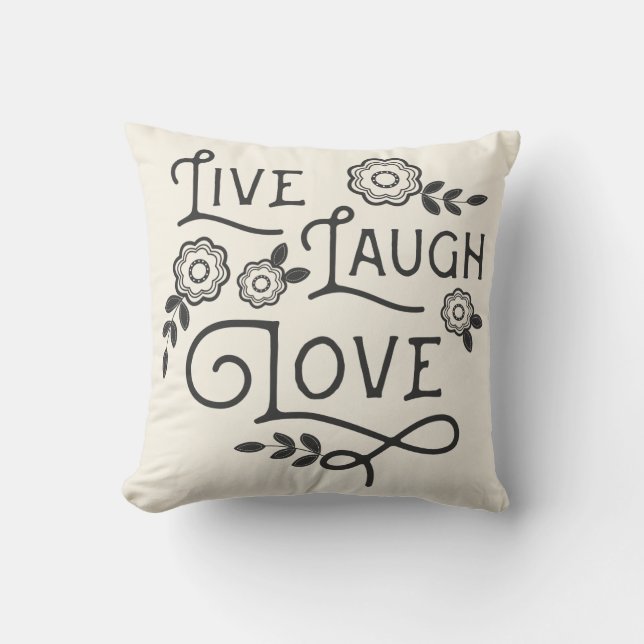 Live Laugh Love Throw Pillow - Grey and Cream (Front)