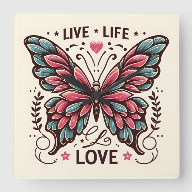 Live Life Love Square Butterfly Wall Clock (Front)