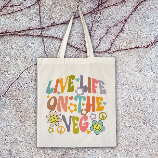 Live Life on the Veg, Trendy Flowers Retro Vegan Tote Bag (Creator Uploaded)