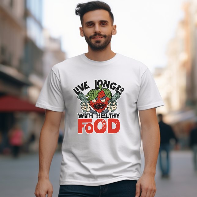 Live Longer with Healthy Food" Cartoon Quoted T-Shirt (Creator Uploaded)
