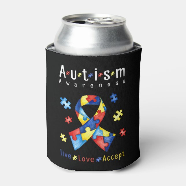 Live, Love, Accept, Autism Awareness, Funny Autism Can Cooler (Can Front)