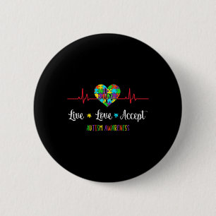 Live Love Accept Autism Awareness Heartbeat Blue A 6 Cm Round Badge