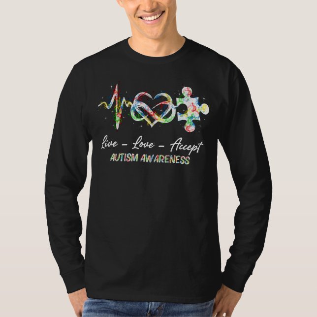 Live Love Accept Autism Awareness Puzzle Heart Ret T-Shirt (Front)