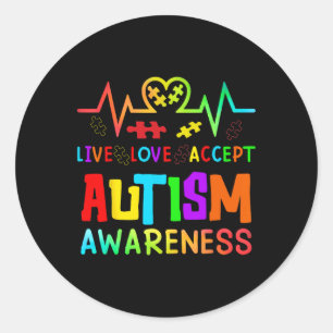 Live Love Accept Autism Awareness Rainbow Heart De Classic Round Sticker