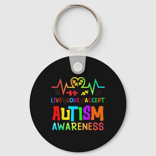 Live Love Accept Autism Awareness Rainbow Heart De Key Ring (Front)