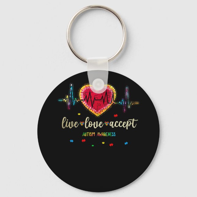 Live Love Accept Autism Heart Beat Puzzle Key Ring (Front)