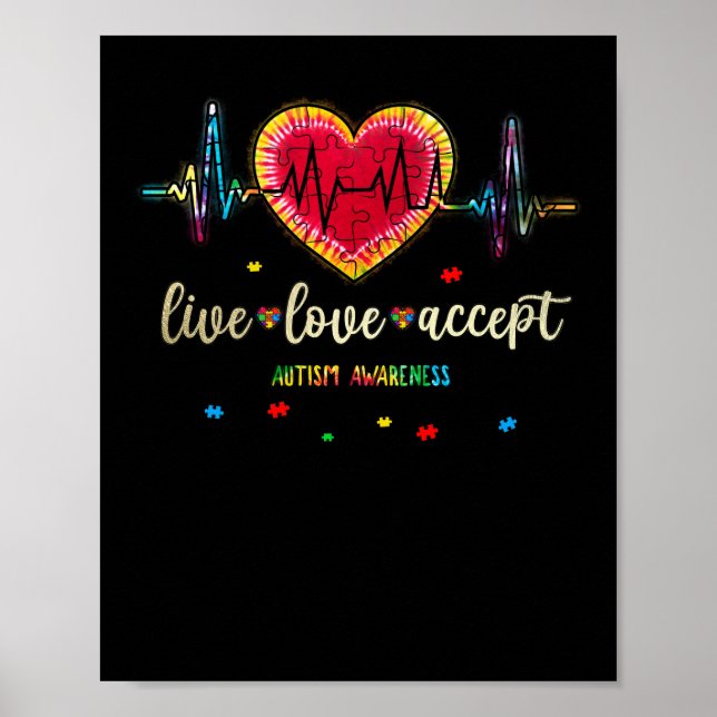 Live Love Accept Autism Heart Beat Puzzle Poster (Front)