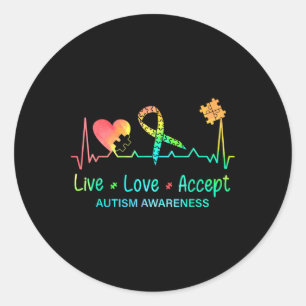 Live Love Accept Autism Month Tie Dye Men Women Ki Classic Round Sticker