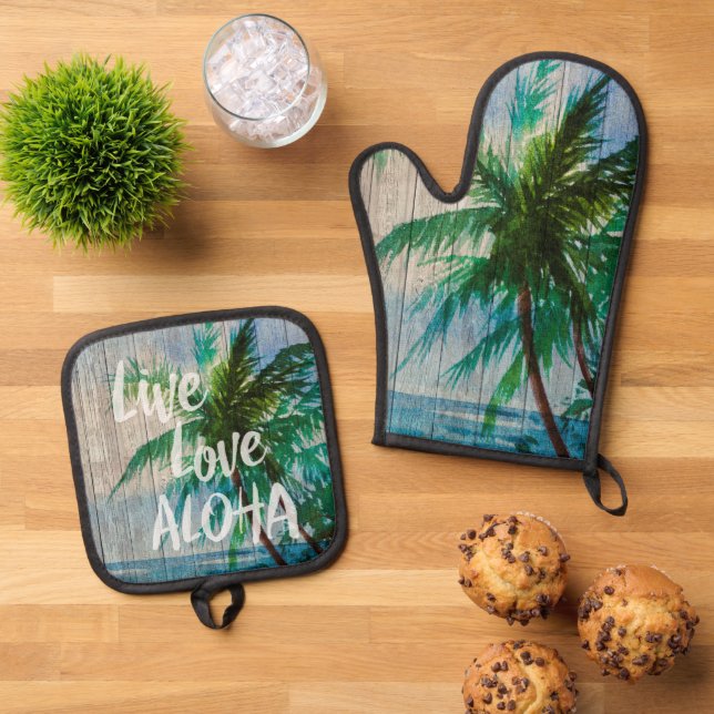 Live Love Aloha Palm Tree Beach Sign Oven Mitt & Pot Holder Set (Top Down)