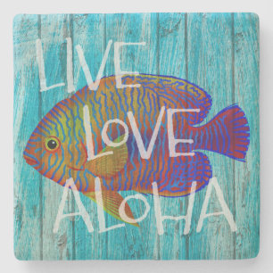 Live Love Aloha Tropical Fish Beach Sign Stone Coaster