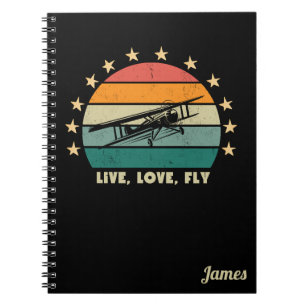 "Live Love Fly" Text,Vintage Aeroplane Retro Sunse Notebook