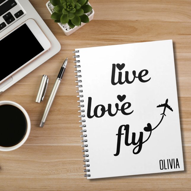 Live Love Fly Typography & Hearts, Aeroplane Flyin Notebook (Creator Uploaded)