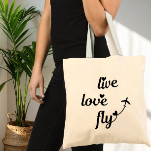 Live Love Fly Typography & Hearts, Aeroplane Flyin Tote Bag