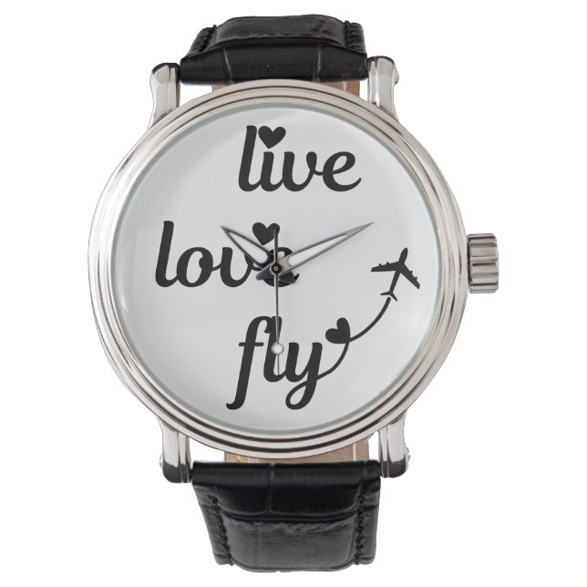 Live Love Fly Typography & Hearts, Aeroplane Flyin Watch (Front)