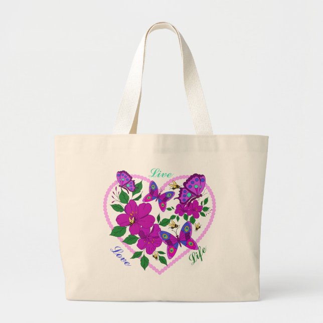 Live Love Life Hearts Butterflies & Bees Inspire Large Tote Bag (Front)