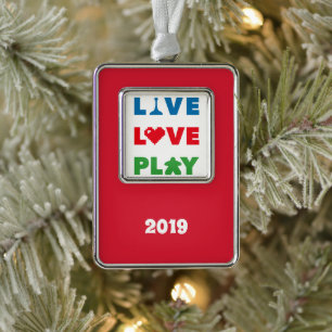 Live, Love, Play Colour Text Vert. Framed Ornament