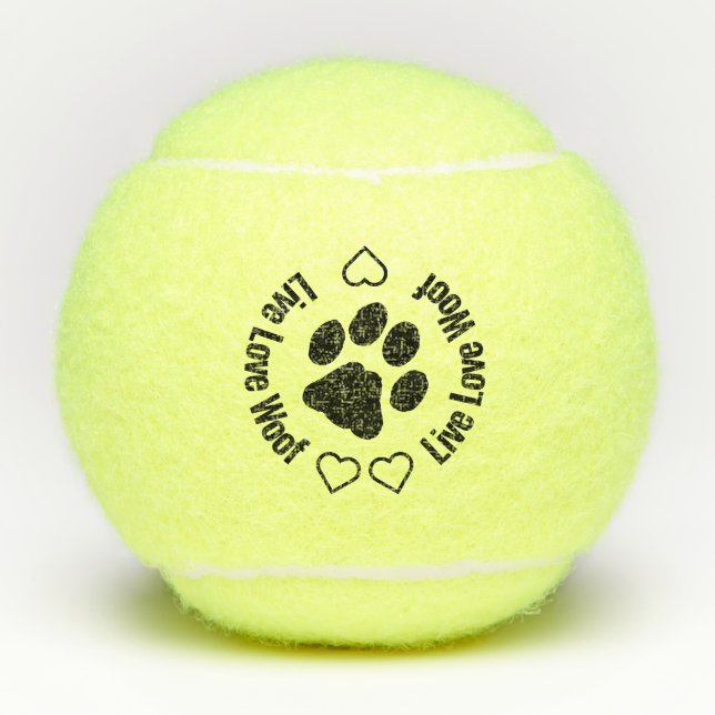 Live Love Woof - Paw Print Hearts Cute Dog Tennis Balls (Front)