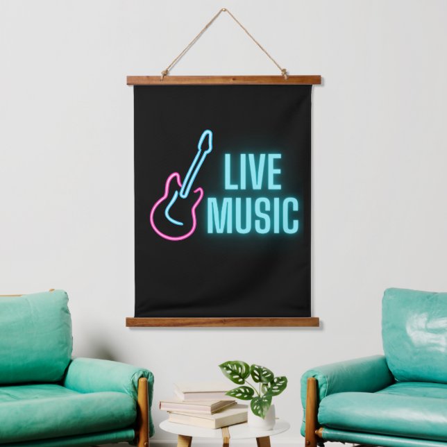 Live Music Neon Guitar  Hanging Tapestry (Living Room)